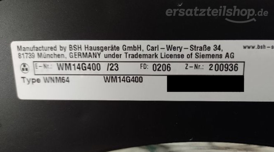 Typenschild Siemens WM14G400/23