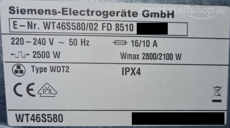 Typenschild Siemens WT46S580/02