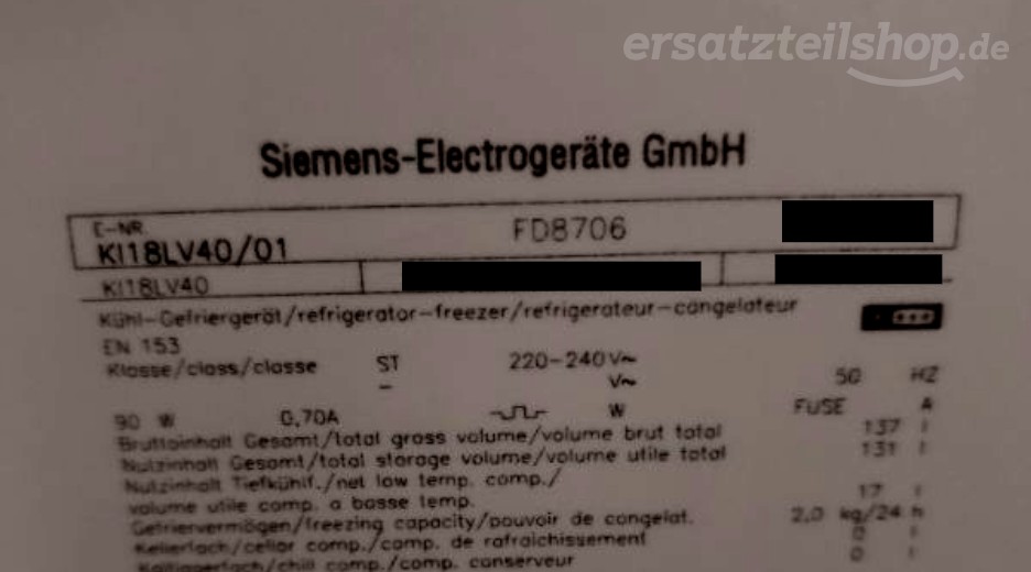 Typenschild Siemens KI18LV40/01