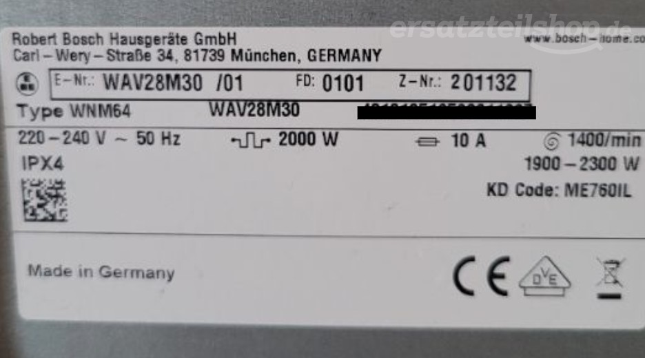Typenschild Bosch WAV28M30/01