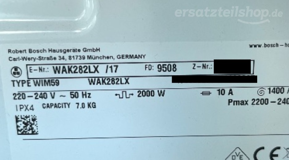 Typenschild Bosch WAK282LX/17