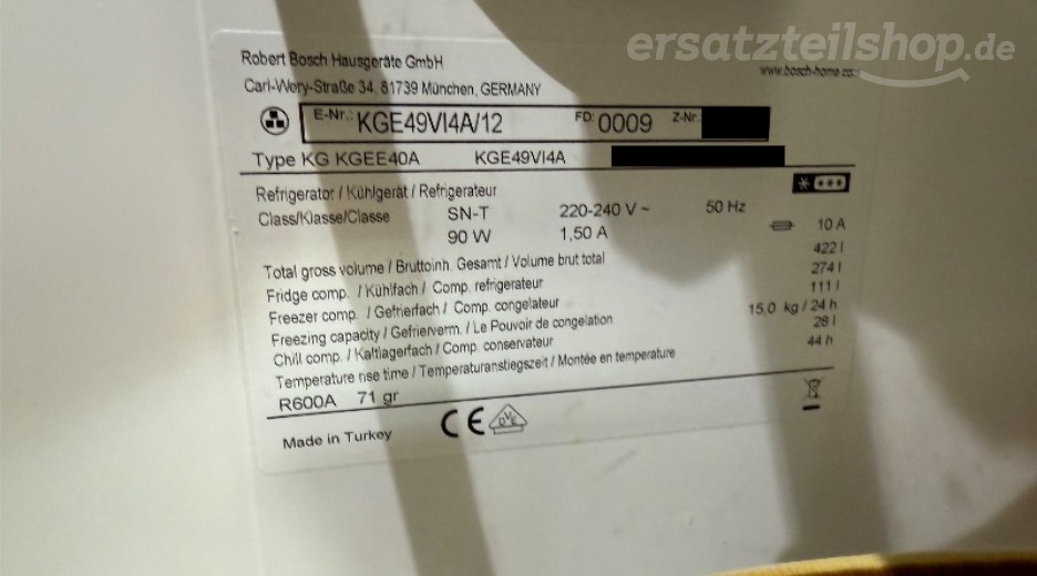Typenschild Bosch KGE49VI4A/12
