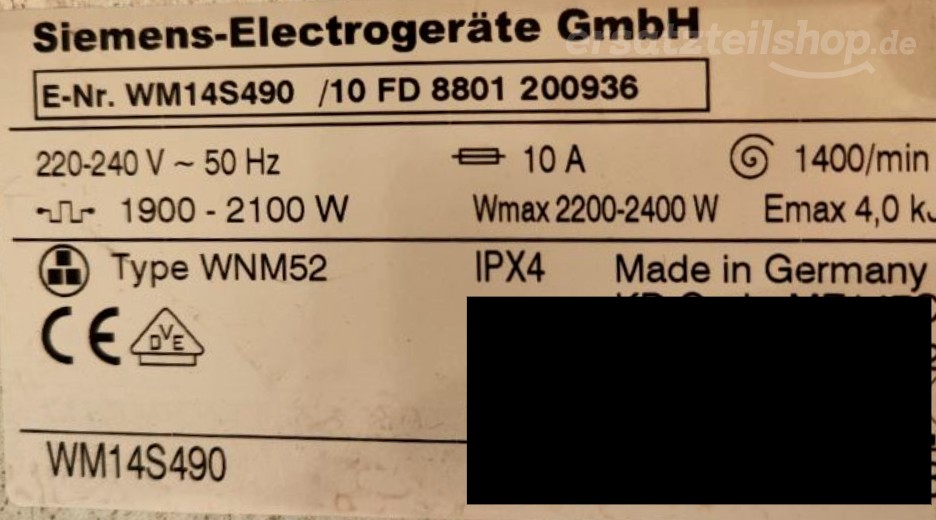 Typenschild Siemens Extraklasse S 14-49 WM14S490/10