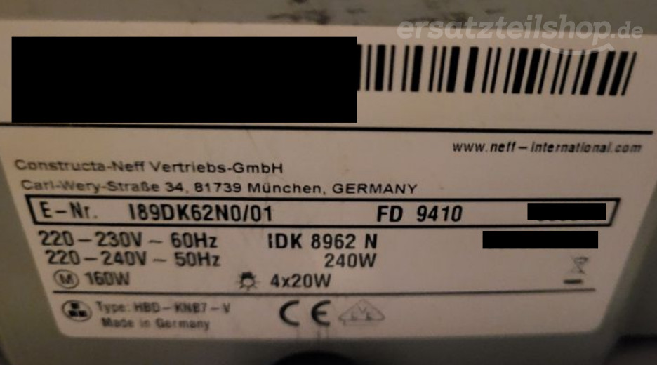 Typenschild Neff I89DK62N0/01