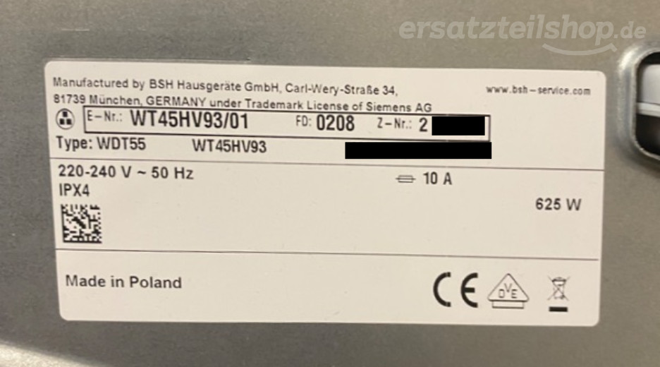 Typenschild Siemens WT45HV93/01