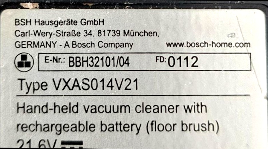 Typenschild Bosch BBH32101/04