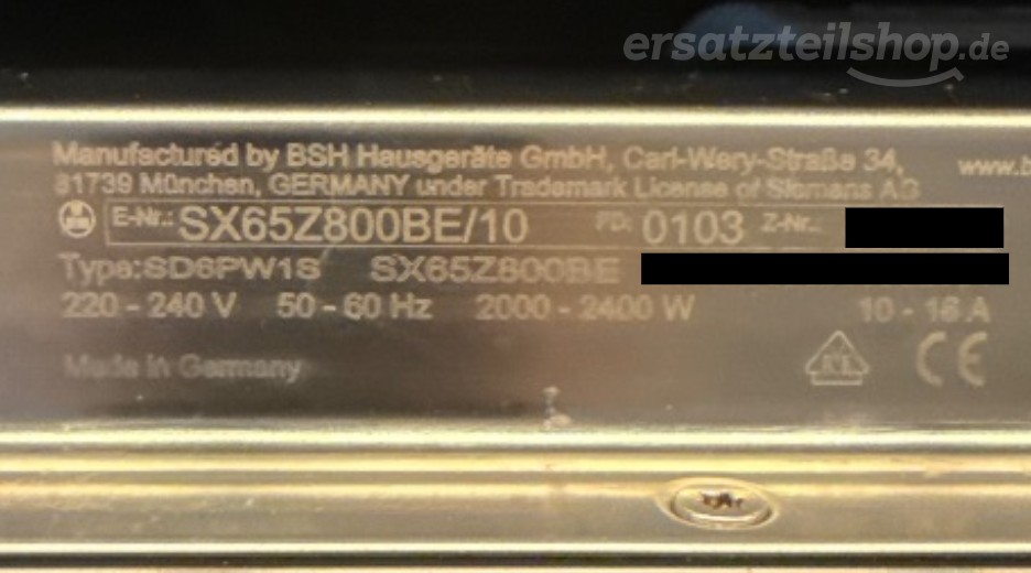 Typenschild Siemens SX65Z800BE/10