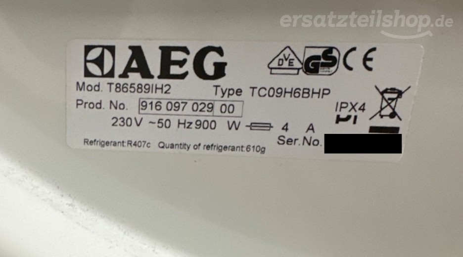 Typenschild AEG T86589IH2 91609702900