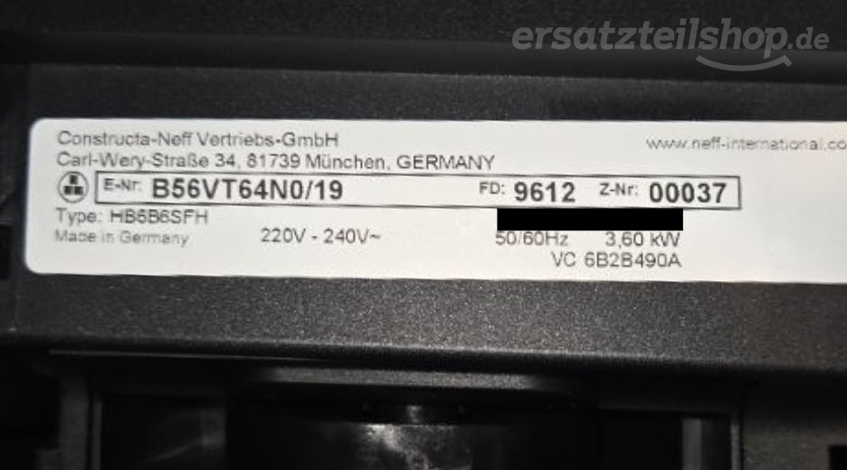 Typenschild Neff B56VT64N0/19