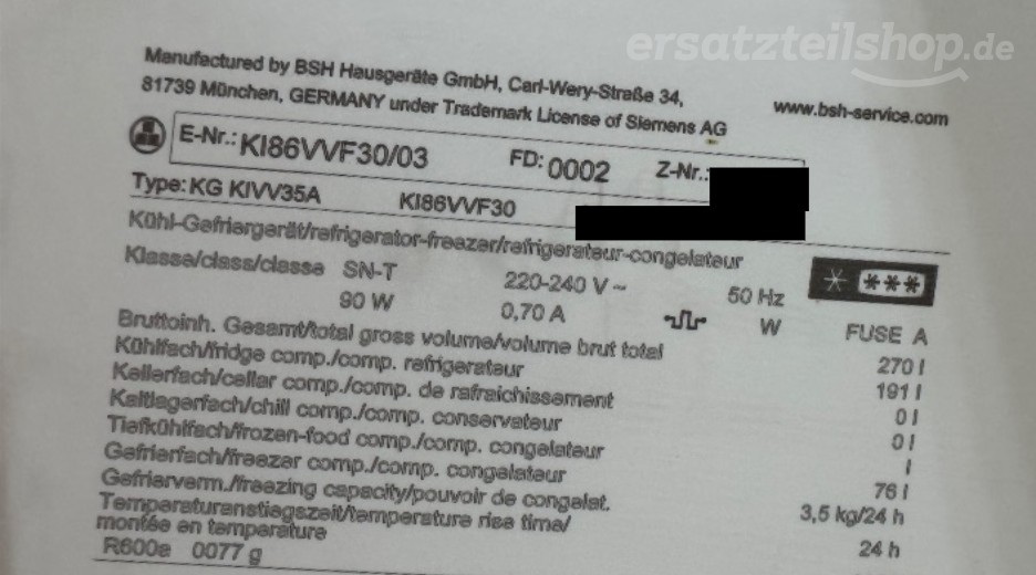 Typenschild Siemens KI86VVF30/03