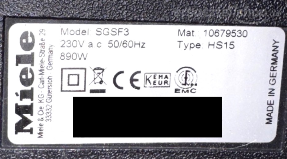 Typenschild Miele SGSF3 SGSF3