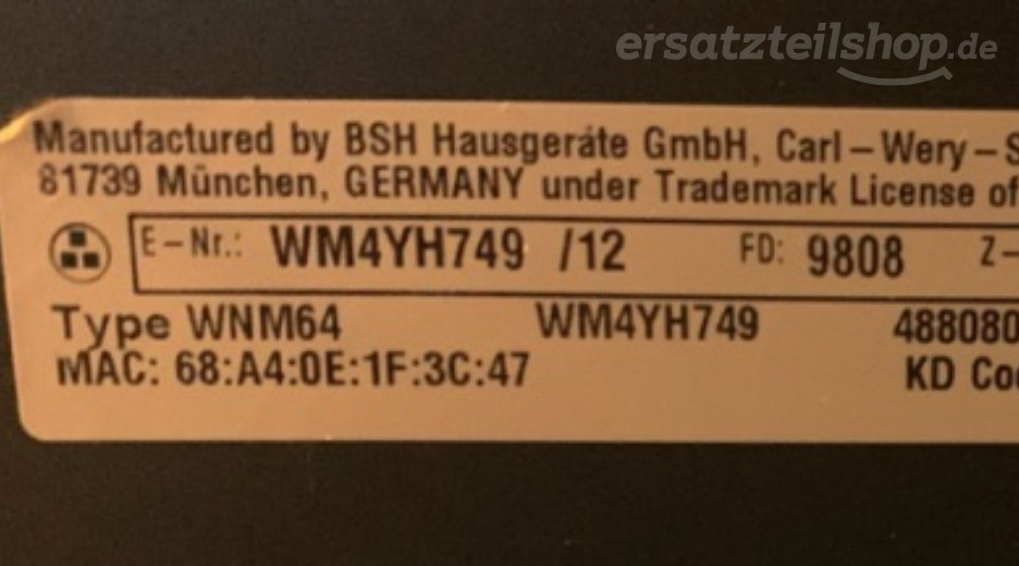 Typenschild Siemens WM4YH749/12