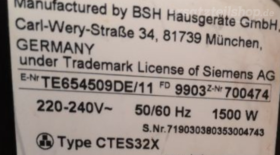 Typenschild Siemens  TE654509DE/11