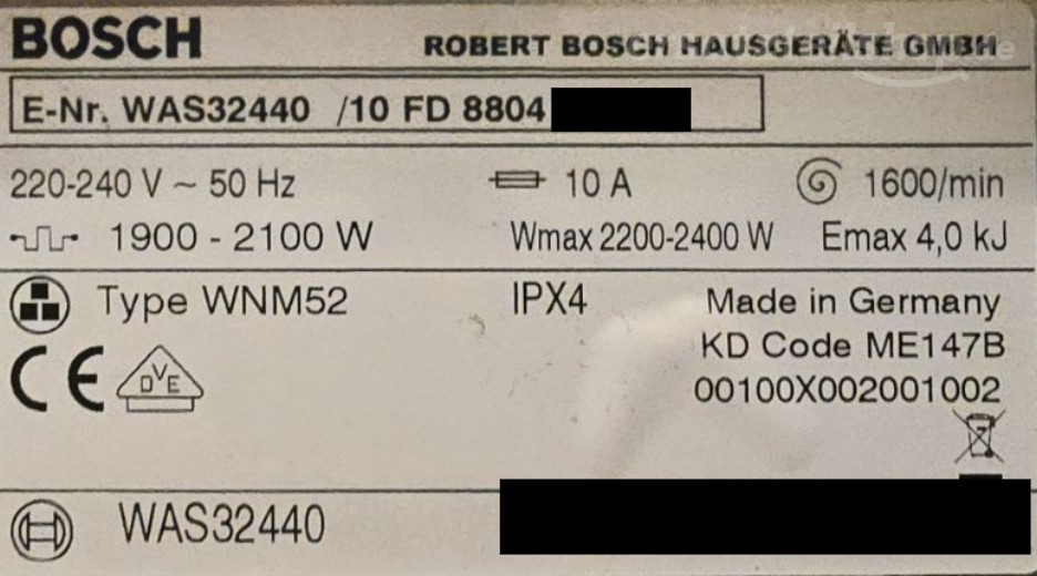 Typenschild Bosch Logixx 7 Sensitive WAS32440/10
