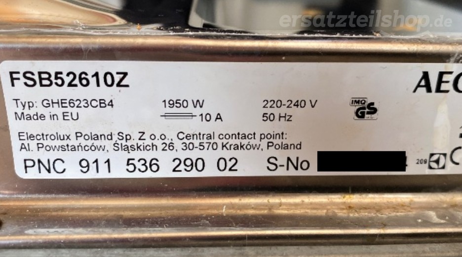 Typenschild AEG FSB52610Z 91153629002