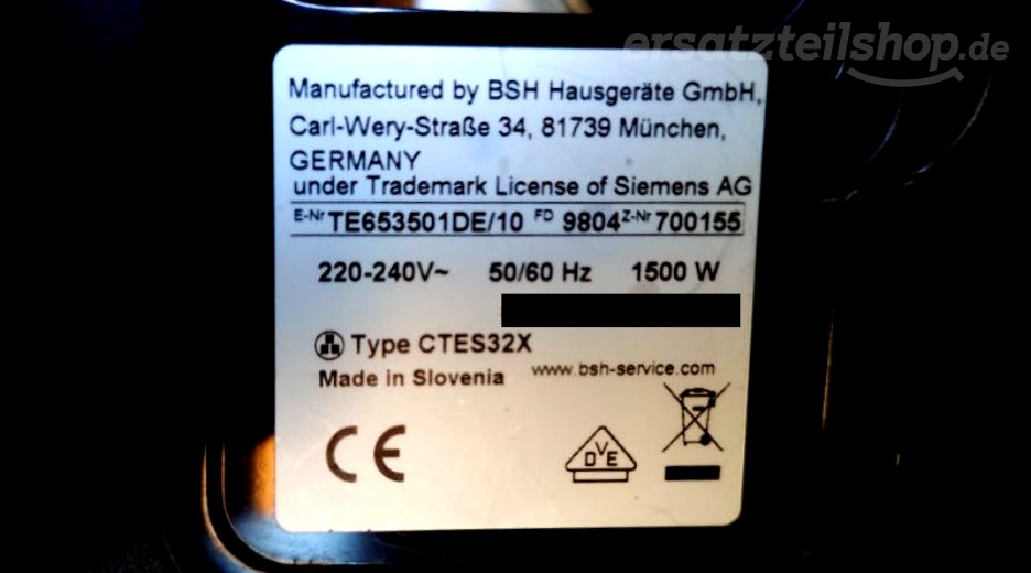 Typenschild Siemens TE653501DE/10
