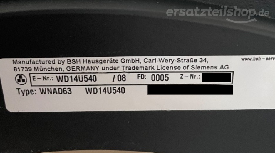 Typenschild Siemens WD14U540/08
