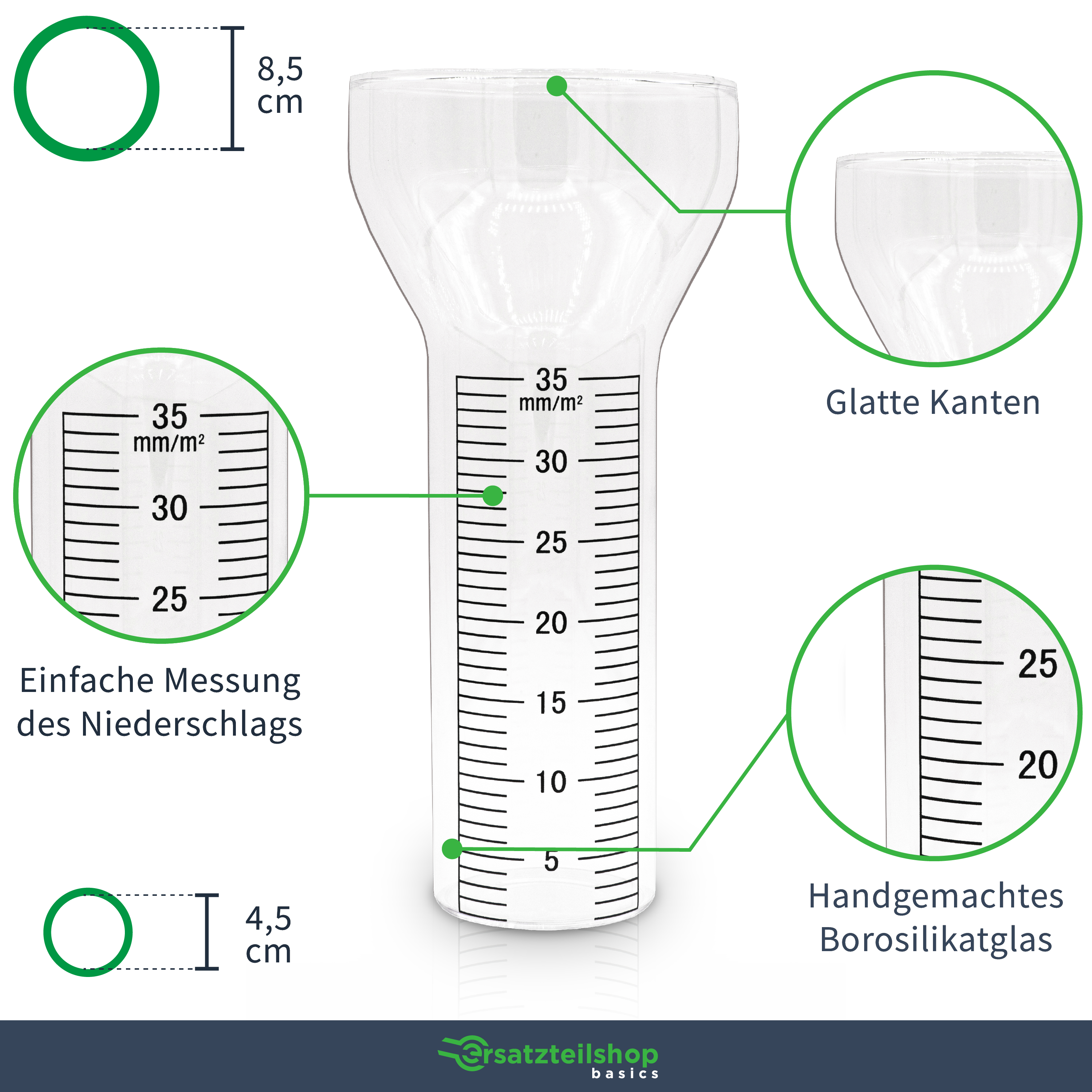 Regenmesser Ersatzglas [35 mm/m²] - Regenmesser Glas mit Halterung