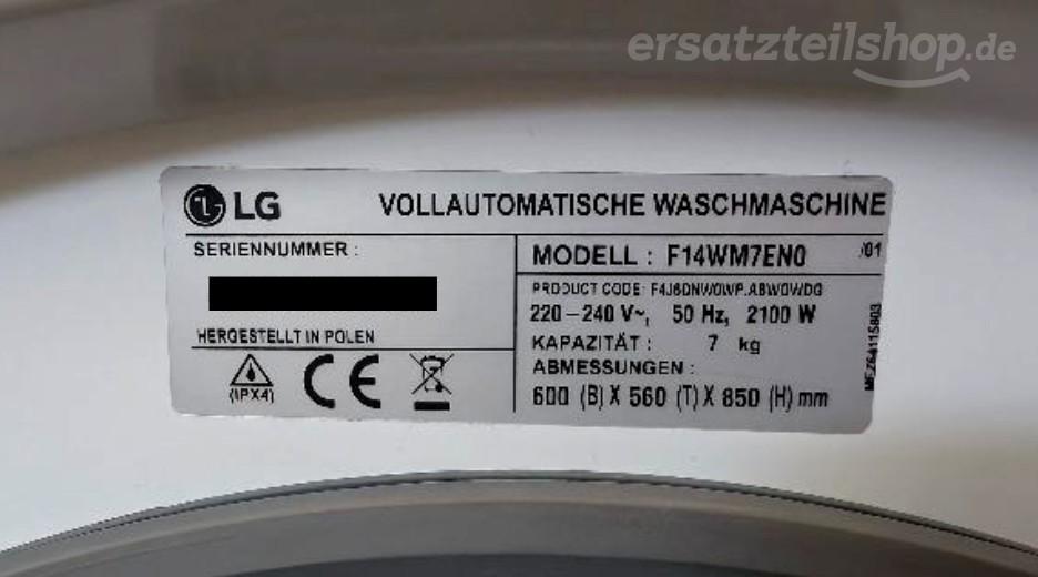 Typenschild LG F14WM7EN0.ABWQWDG F14WM7EN0.ABWQWDG