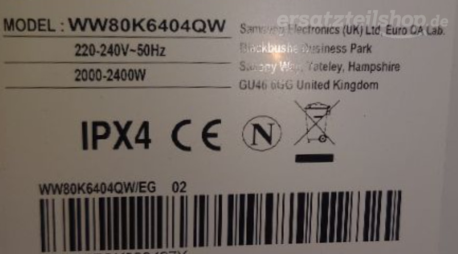 Typenschild Samsung WW80K6404QW/EG