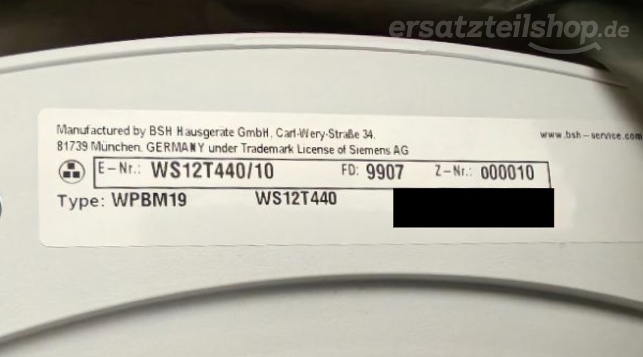 Typenschild Siemens WS12T440/10