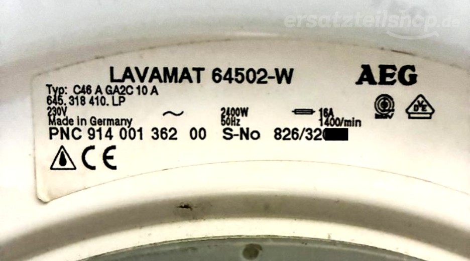Typenschild AEG LAV64502-W 91400136200