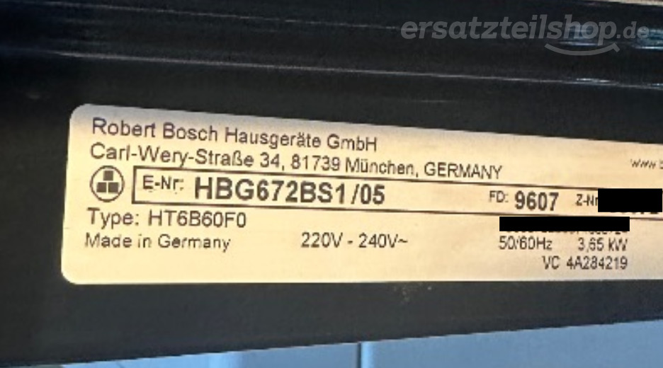 Typenschild Bosch HBG672BS1/05