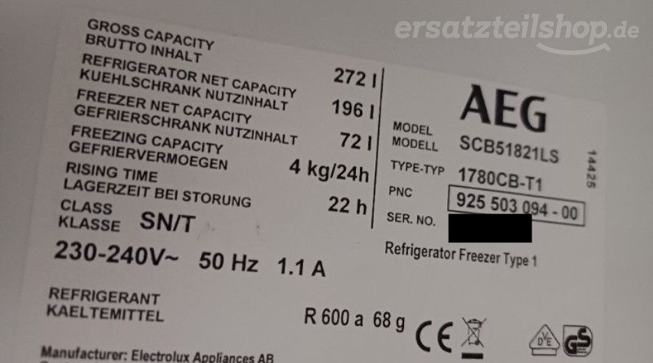 Typenschild AEG SCB51821LS 92550309400