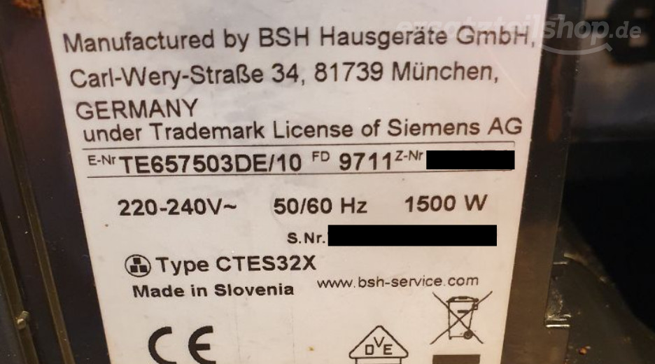 Typenschild Siemens TE657503DE/10