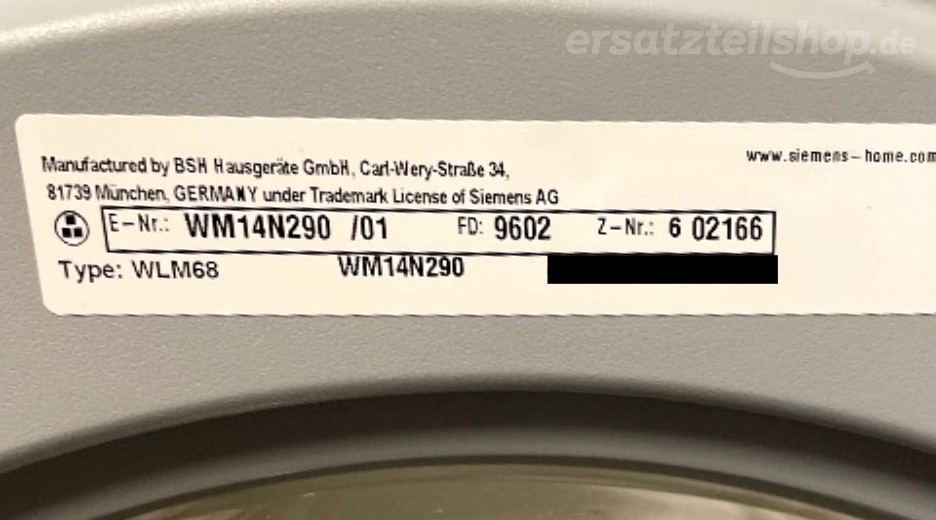Typenschild Siemens WM14N290/01
