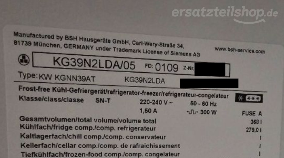 Typenschild Siemens KG39N2LDA/05