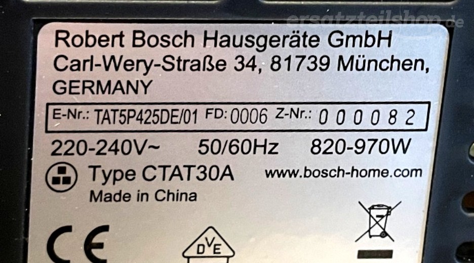 Typenschild Bosch VARIA TAT5P425DE/01