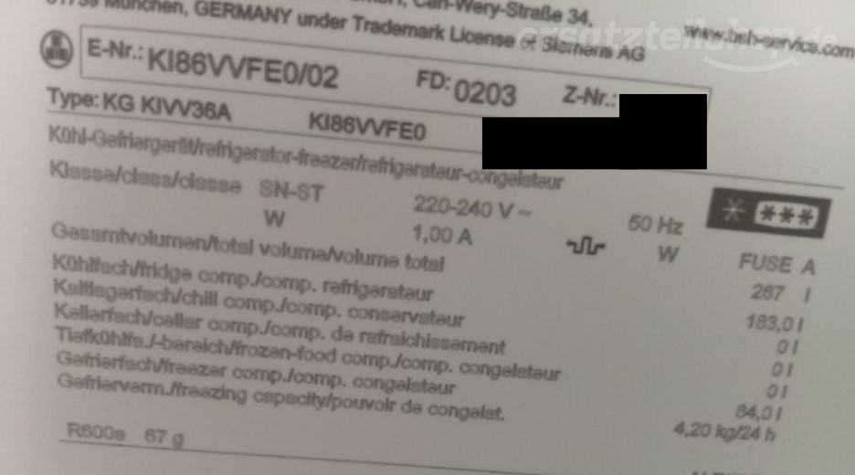 Typenschild Siemens KI86VVFE0/02