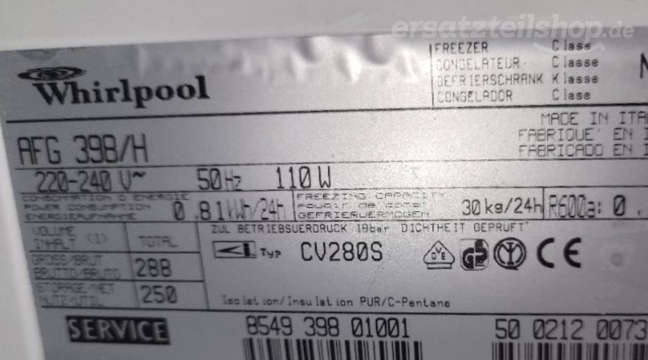 Typenschild Whirlpool AFG 398/H 854939801001