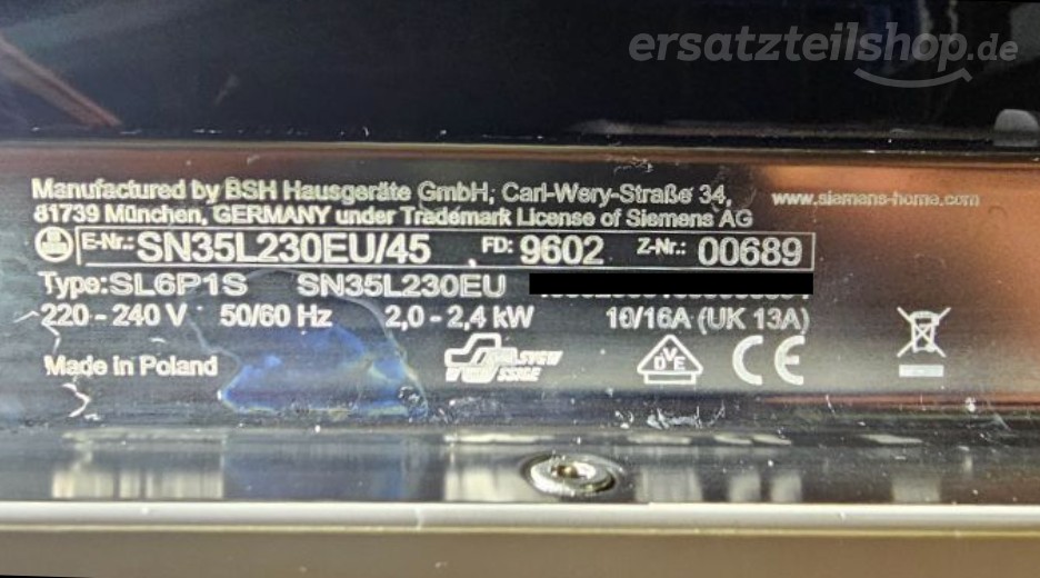 Typenschild Siemens SN35L230EU/45