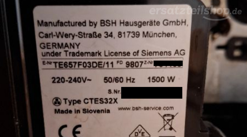 Typenschild Siemens TE657F03DE/11