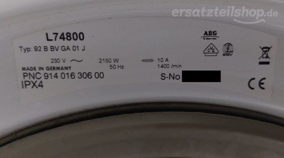 Typenschild AEG LAV74800 91401630600