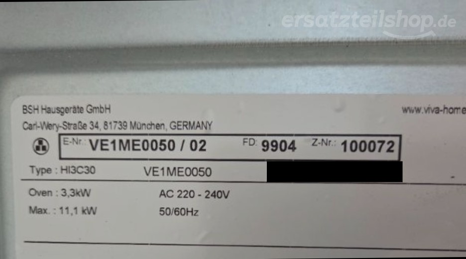 Typenschild Viva VE1ME0050/02