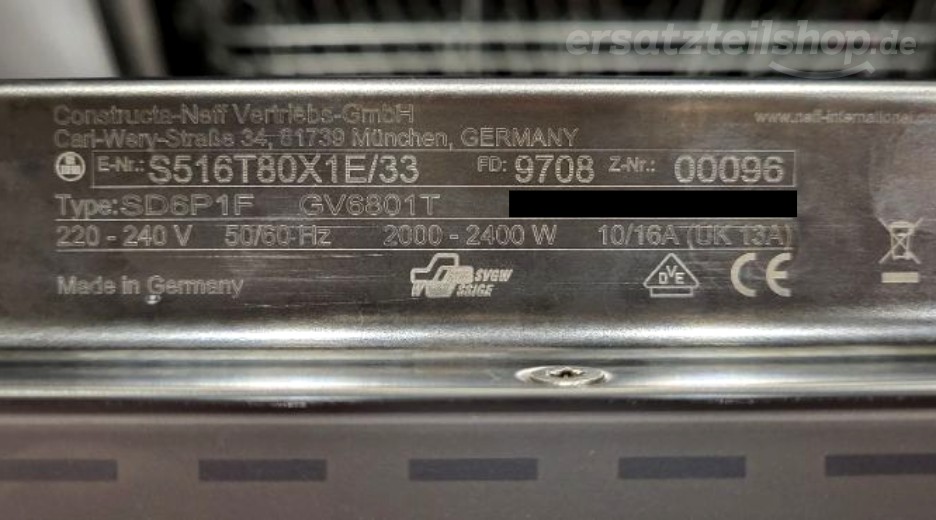 Typenschild Neff S516T80X1E/33