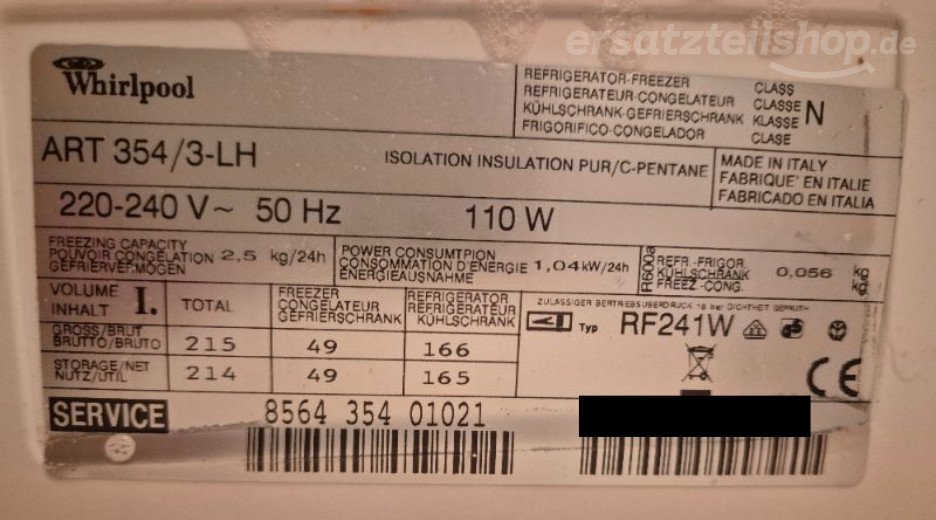 Typenschild Whirlpool ART 354/3-LH 856435401021