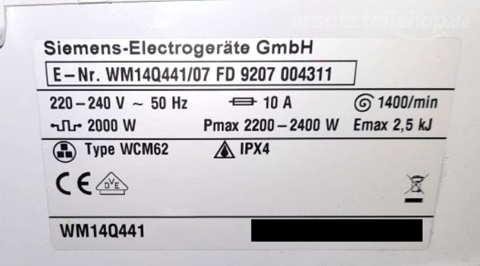 Typenschild Siemens WM14Q441/07