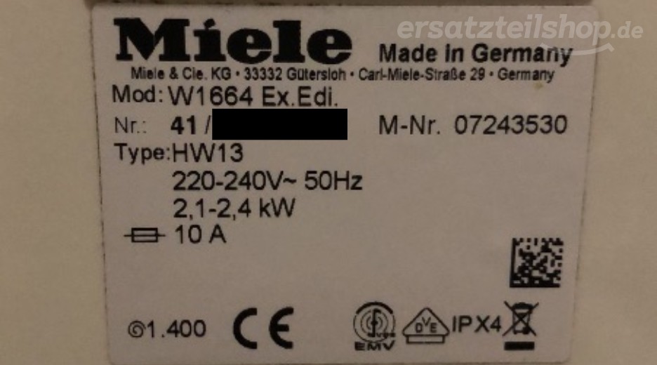 Typenschild Miele W 1664 W1664