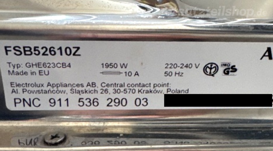 Typenschild AEG FSB52610Z 91153629003