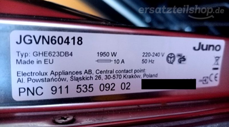 Typenschild Juno JGVN60418 91153509202