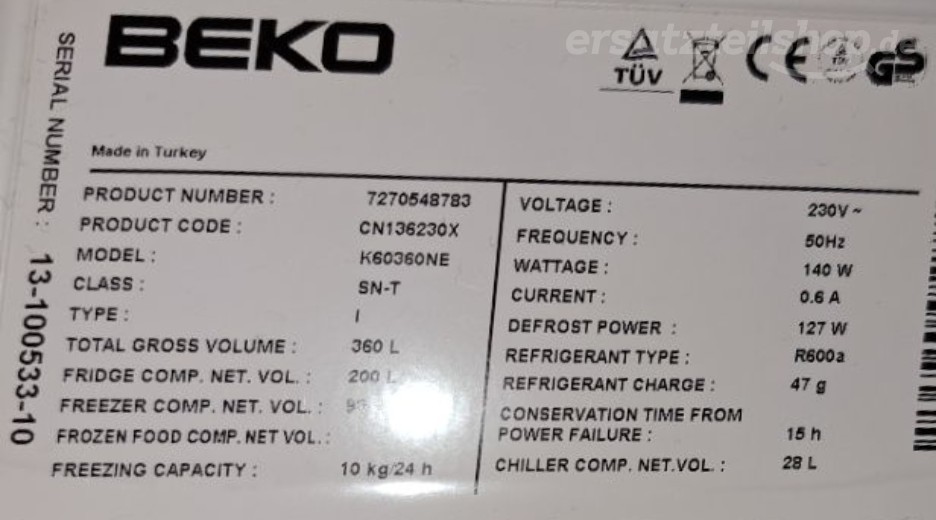 Typenschild Beko CN 136230X 7270548783