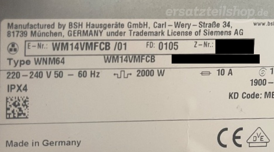 Typenschild Siemens WM14VMFCB/01