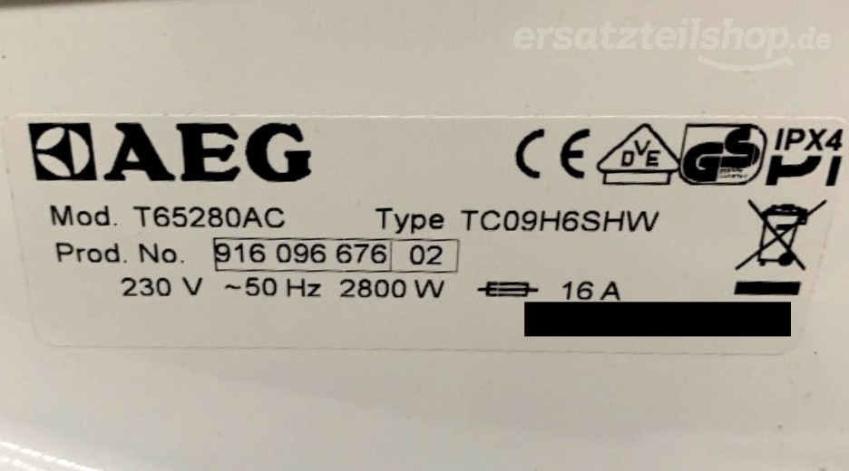 Typenschild AEG T65280AC 91609667602