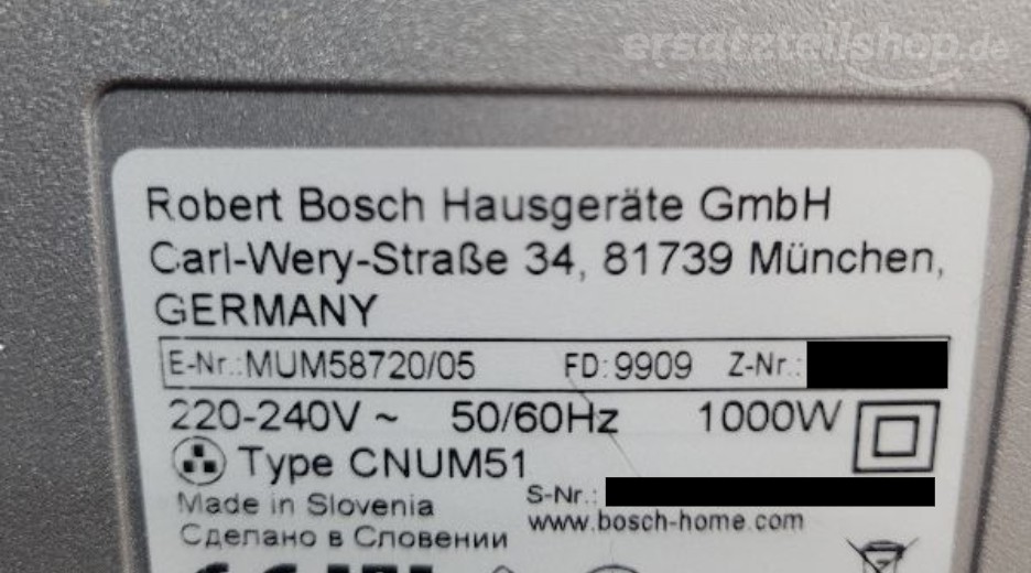 Ersatzteile Bosch MUM58720/05 Typenschild Bosch MUM58720/05