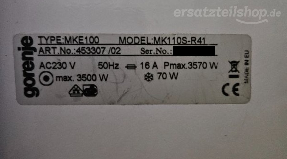 Typenschild Gorenje MK110S-R41 453307