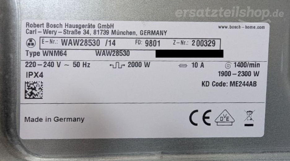Typenschild Bosch WAW28530/14
